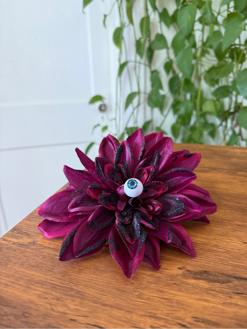 Handcrafted Magenta Floral Accent with eyeball spooky Center Halloween